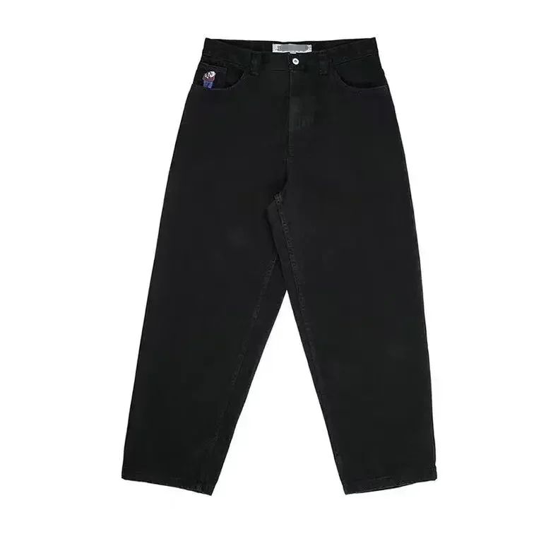 Jeans retrô azul baggy para homens e mulheres, calça Y2K, hip hop, streetwear dos desenhos animados, menino grande polar, bordado, cintura alta, calças largas