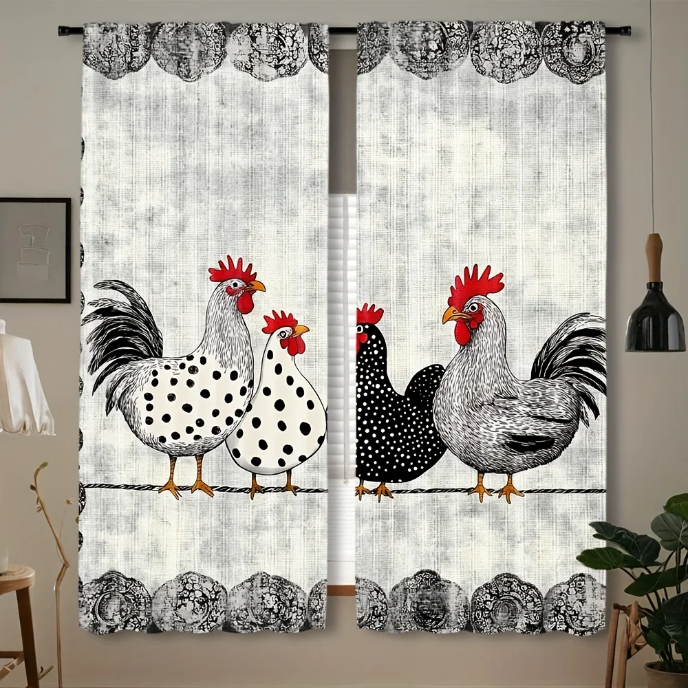 2pcs Retro Polka Dot Chicken Print Cafe Curtains, 35x90in, Contemporary Style, Rod Pocket, Light-Filtering, Machine Washable