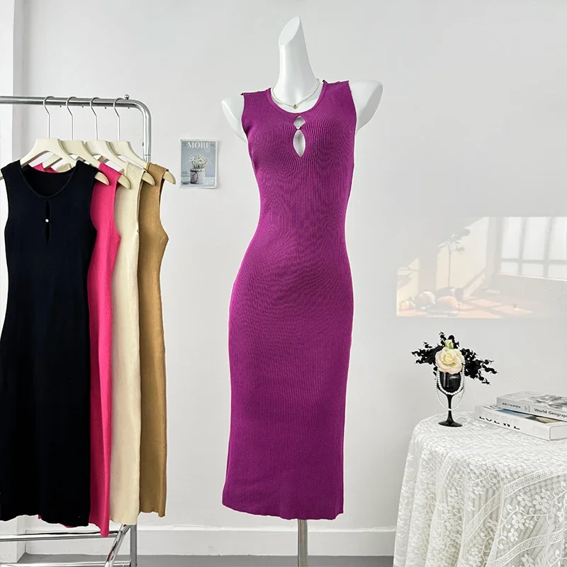 2025 نمط الشاطئ بلون محبوك فستان طويل س الرقبة أكمام Bodycon فساتين الجوف خارج مثير موضة فستان بوهيمي