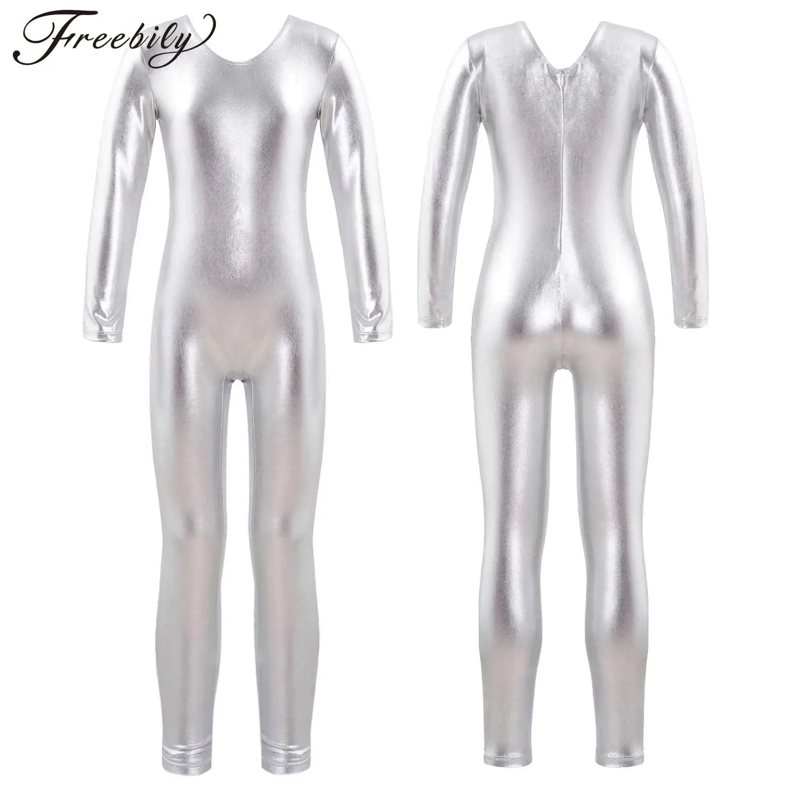 Child Girls Metallic Jumpsuit Long Sleeve Gymnastics Leotard Ballet Dance Unitard Bright Metal Zentai Suit Dancewear Costume