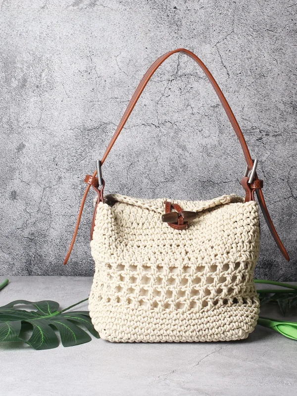 

2025 New Hollow out Wax Rope Woven Top Layer Cowhide Handbag Single oulder Crossbody Bag Women's Tote Bag Original Design