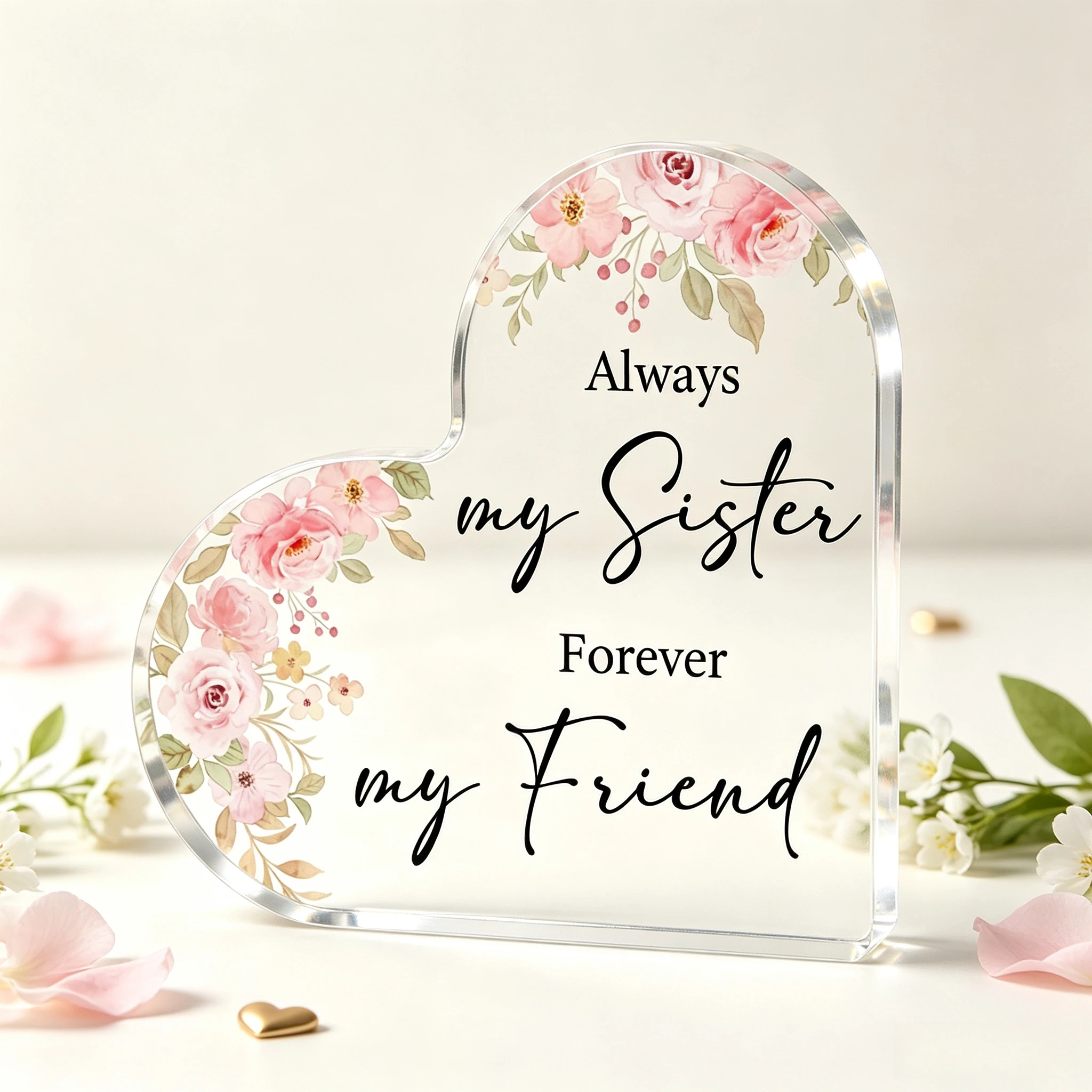 Soft Pink Watercolor Rose Floral Heart Acrylic Stand, Sister Friendship Sentimental Quote Table Ornament