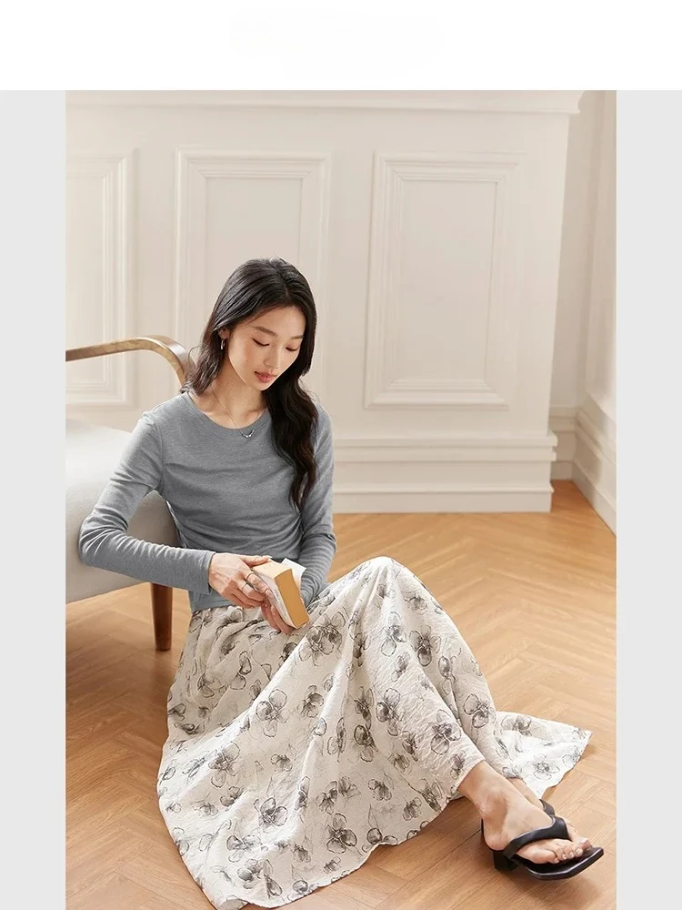 

Miflame Women Fashion Simple Casual Long Skirt 2025 Summer Elegant Office Lady Floral Print Loose Elastic Waist A-Line Skirt A03