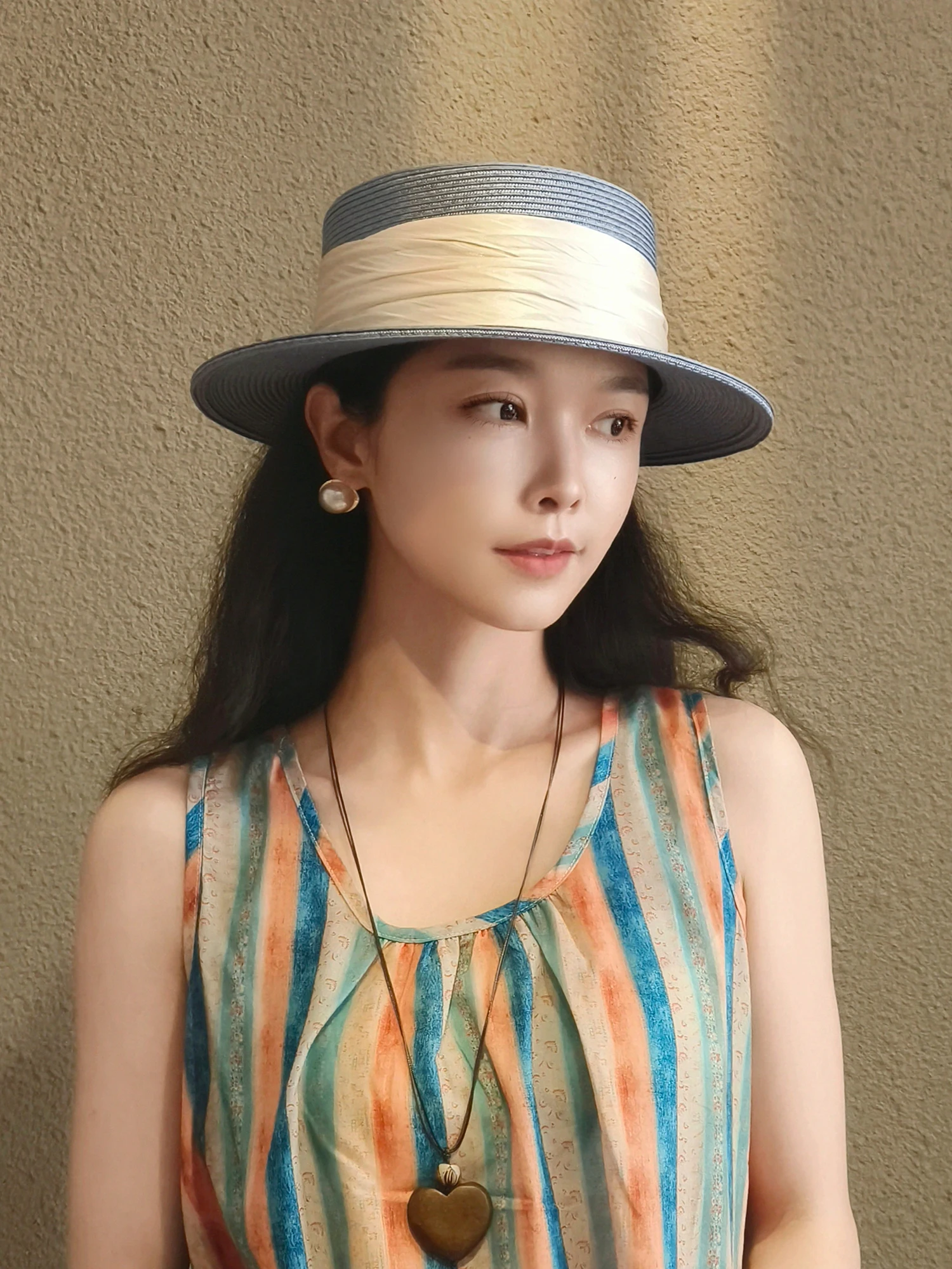 elegant-blue-french-style-flat-top-straw-hat-women's-summer-beach-vacation-sun-protection-woven-hat-breathable-adjustable-size