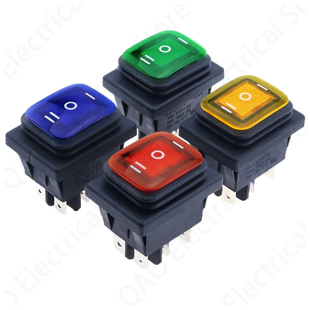 KCD4-203 Heavy Duty 16A 250VAC 30x22 Waterproof Rocker Switch 6pin DPDT ON OFF ON 12V 220V Red Green LED Light Rocker Switch 4.9