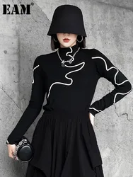 [EAM] Women Black Color-block Big Size Casual T-shirt New Turtleneck Long Sleeve Fashion Tide Spring Autumn 2024 1DH5152