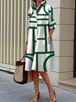 Green Geometric Stripe Print Fashion Elegant Lapel Long Sleeve Shirt Dress Harajuku Street Trend Fashion Men's Long Sleeve Dress