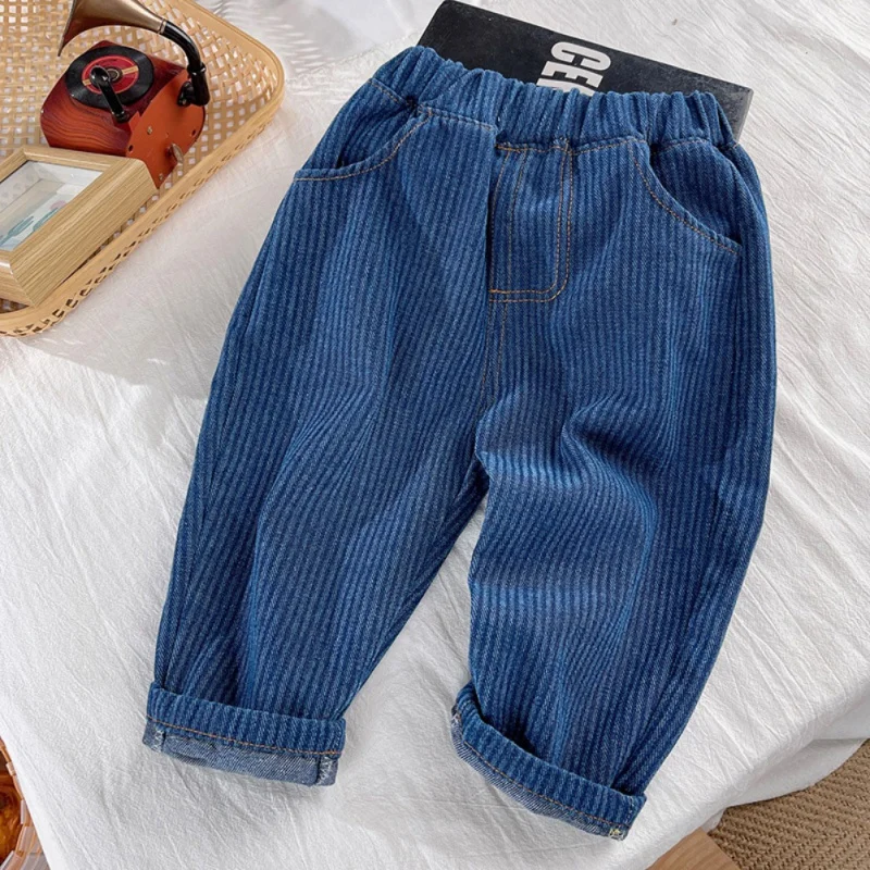 Stripe Toddler Jeans Baby for Girls Boys Pants High Waist Solid Outside Children Trousers Autumn Winter Fashion Kid Cowboy Jeans