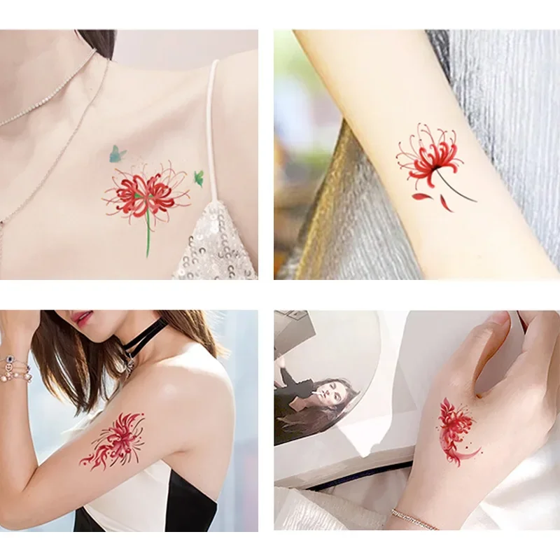 30pcs/lot Fake Floret Women Tattoo Stickers Red Lily Garland Plant Aesthetic Temporary Waterproof Tattoos Chest Neck for Summer