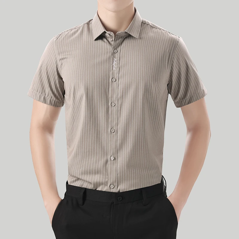 Camisa polo listra de seda gelo masculina com gola polo, manga curta, solta, de peito único, simples, casual, de negócios, moda verão