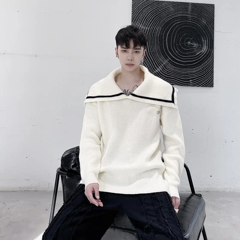 

Autumn Winter Loose Knitted Sweater Naval Collar Large Turn-down Collar Patchwork Embroidery Men Women Students Youth Outerwear