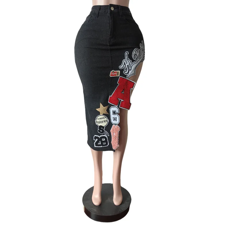 رسالة التطريز غير المتكافئة الدنيم التنانير النساء أزياء خمر زر يطير عالية الخصر جينز سترتش العجل طول تنورة قيعان #4