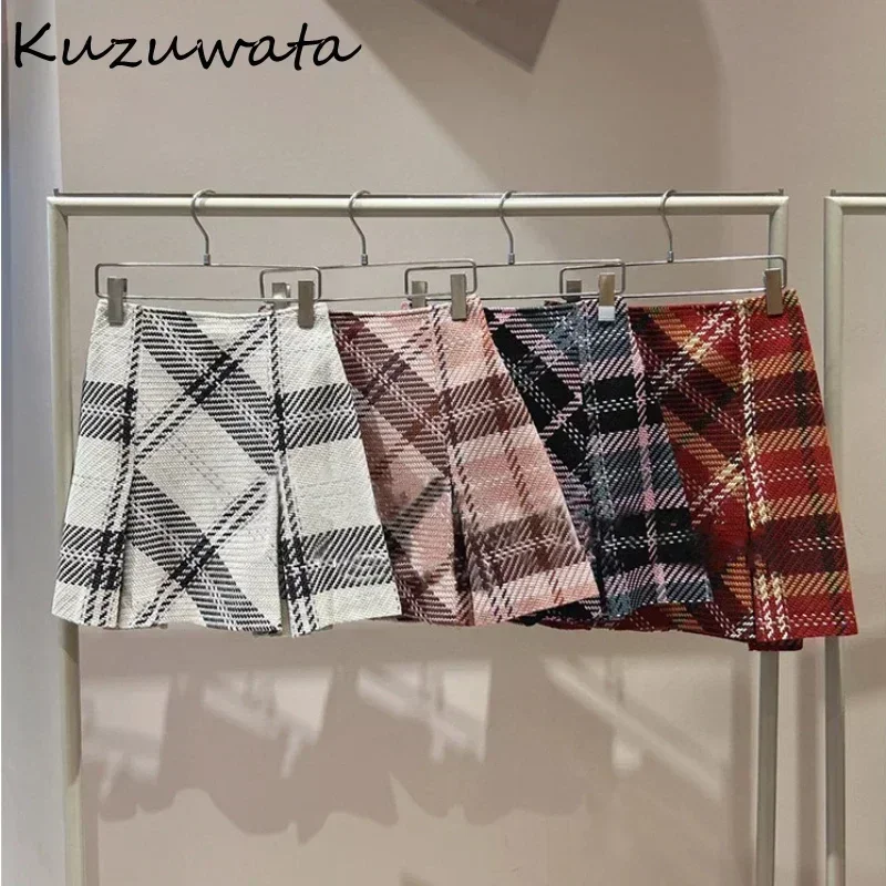 Kuzuwata New Fashion Personalized High Waist Faldas Plaid Slim Flare All-match Casual Mujer Faldas Japan Ruched Luxury Skirts