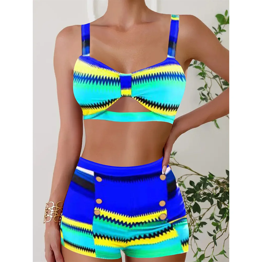 Women's Printed Bikini Set High Waist Square Leg Swimwear Summer Two Piece Shorts Set Holiday Beach Outfits Bathing Suit Clothes
