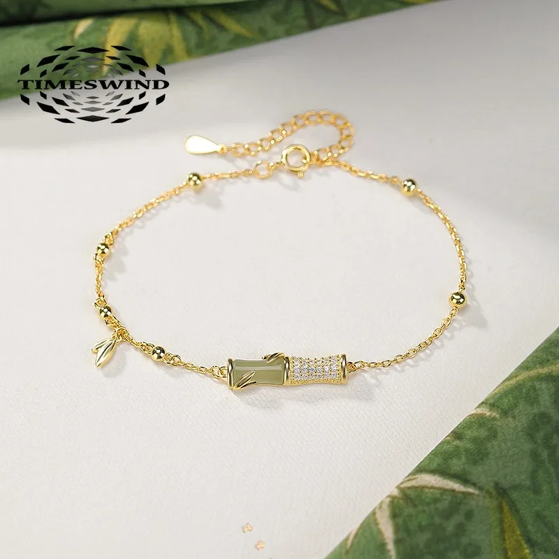 

TIMESWIND Natural Green Jade Bamboo Full Zircon Leaf Women S925 Silver Bracelet with Certificate