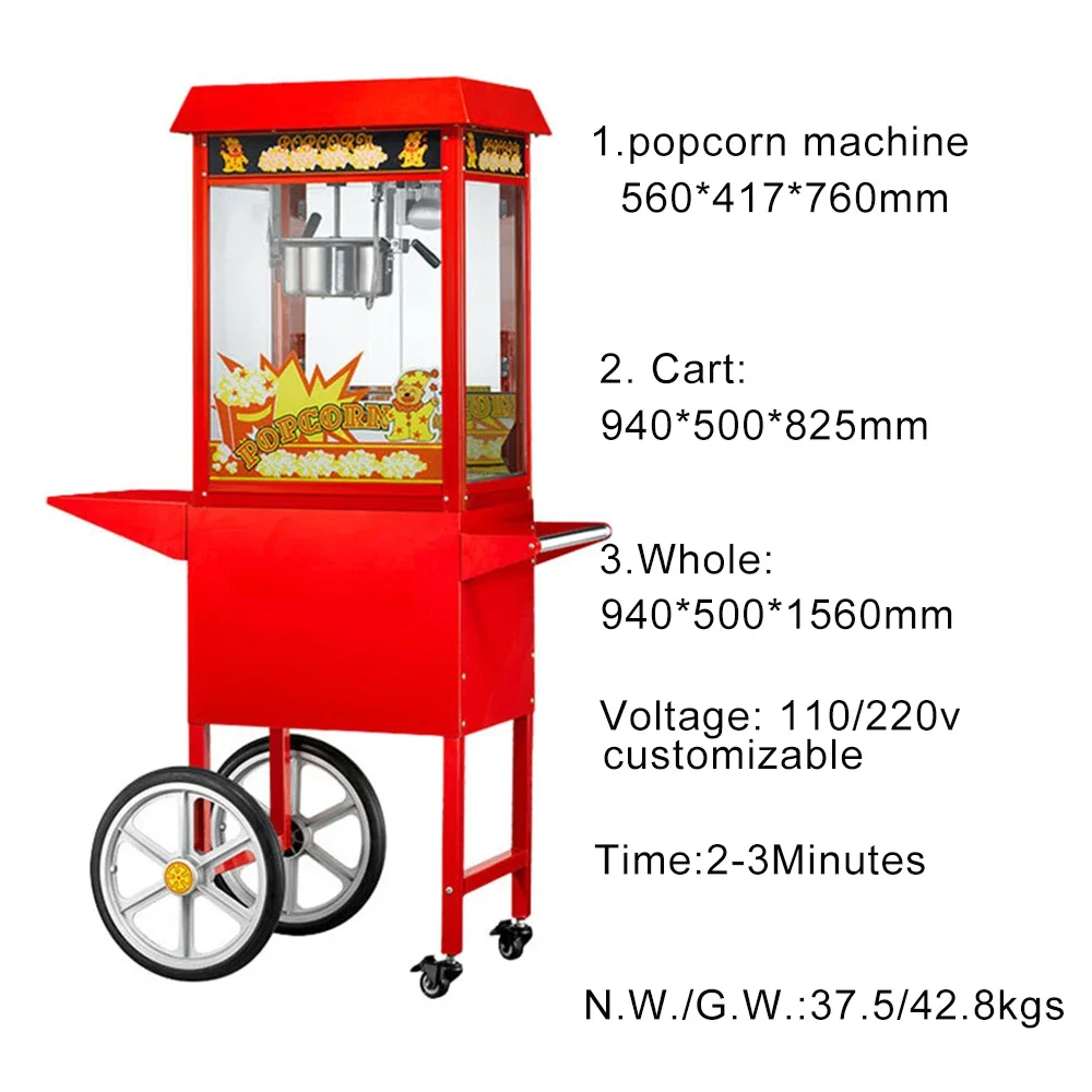 Professional 8 Oz Factory Price Automatic Vintage Popcorn Maker Large Electric Commercial Popcorn Machine on Cart Wheels