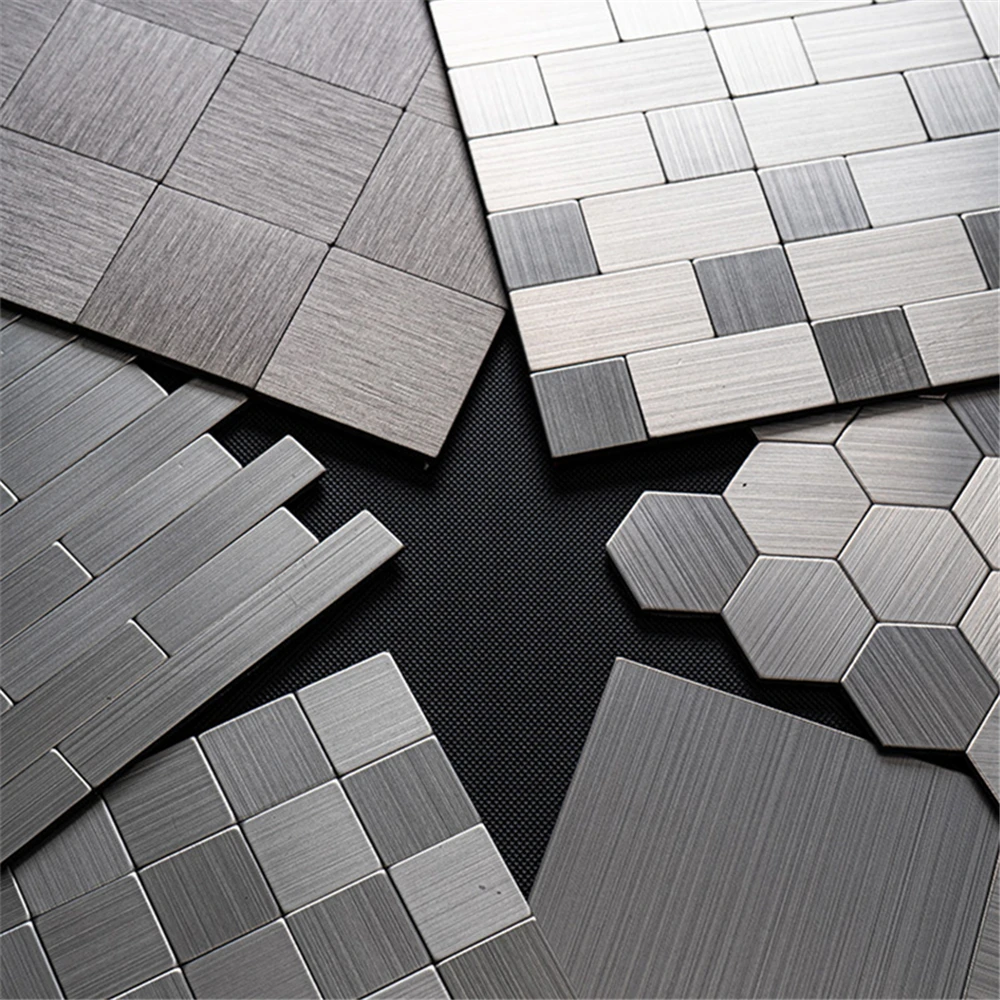 Mosaik selbstklebende Metall-Aluminium-Kunststoff-Platte Nachahmung Edelstahl feuerfest wasserdicht Küche KTV Wohnzimmer Restaurant Hintergrund Wandfliesen
