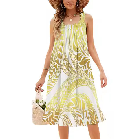 Lace Collar Sleeveless Knee-Length Elegant Loose And Comfortable Halter Dress Polynesian Custom-Made Women'S Dress Evening Dress