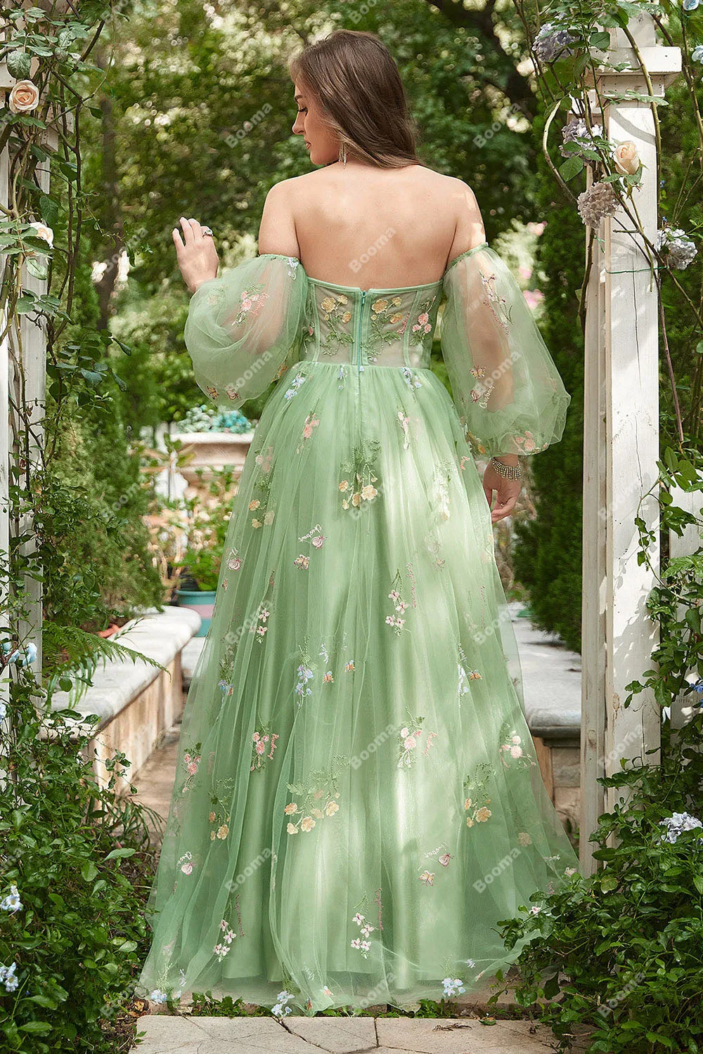 Booma Embroidery Lace Green Long Prom Dresses Sweetheart Off Shoulder Long Evening Dresses Boning Corset Graduation Party Gowns