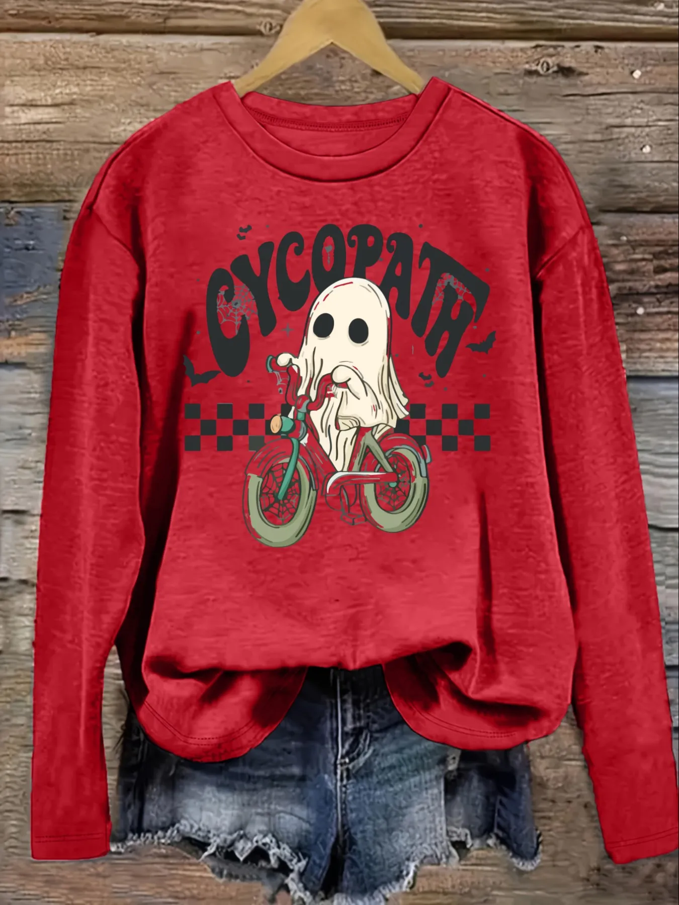 Women's Casual Long Sleeve Crew Neck T-Shirt Ghost Riding Motorcycle Graphic Print Design, Round Neck Women's Clothing, Machine Washable, Slightly Elastic, Loose Fit, Spring Autumn Winter Women's T-Shirt, Halloween Costume Outfit view 4