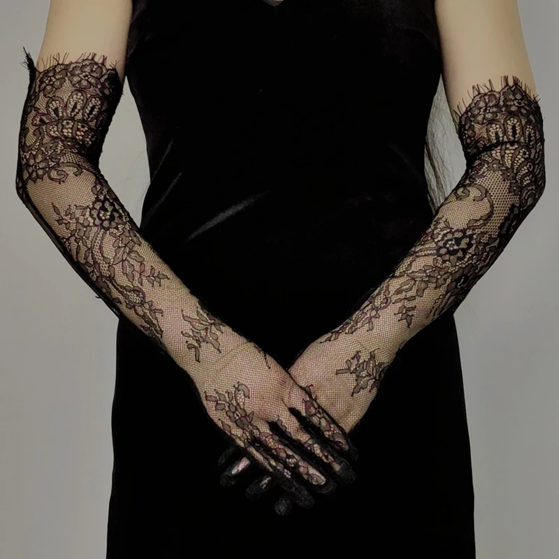 Fairy Long Black Lace Gloves Sexy Mesh Hollow Out Bridal Glove Thin Sunscreen Elbow Gloves Wedding Dress Photography Accessories