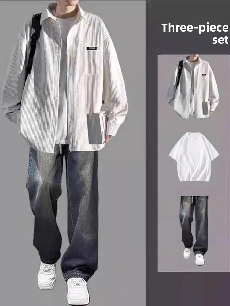 

American Sle White Long Sve irt Boys Spring Autumn Cool Haome Whole Set High Sense Cleanfit Outer Set Casual lin