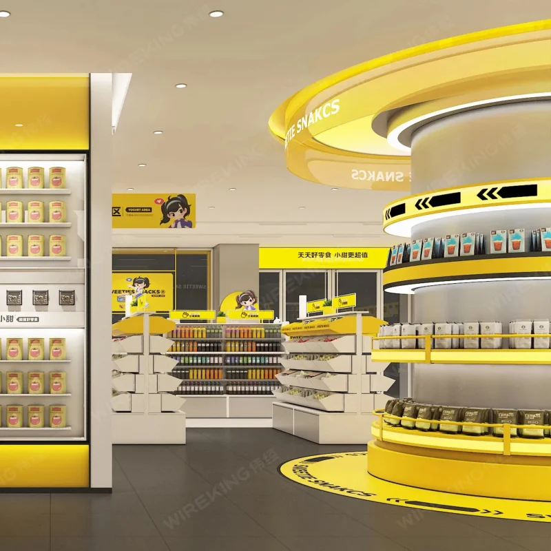 

Индивидуальный дизайн для супермаркетов: комплексное решение для всего магазина, витрины для зоны снеков, стеллажи-гондолы для супермаркетов, торговое оборудование для магазинов