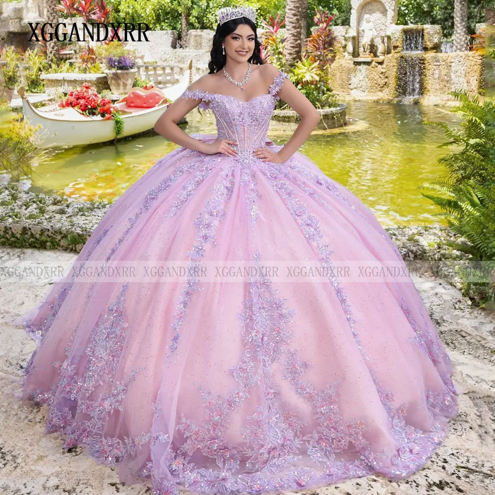 Personalizado rosa quinceanera vestido 2025 brilhante mexicano vestidos de 15 anos renda applique arco vestido de baile princesa doce 16 vestido