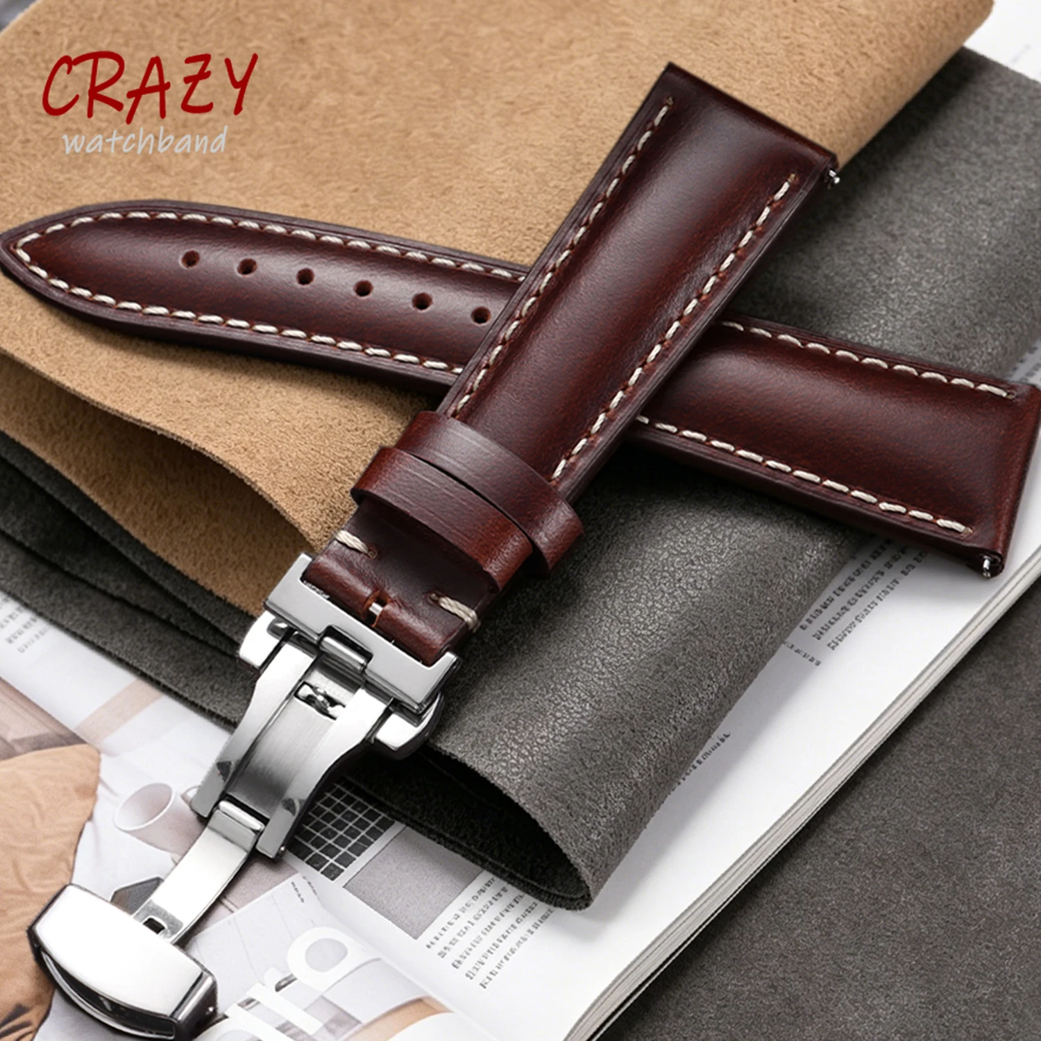 18/19/20/21/22mm Ölwachs-Verfärbungsleder für Casio Uhrenarmbänder, Universell für Hamilton und DW Bänder mit Schmetterlingsverschluss