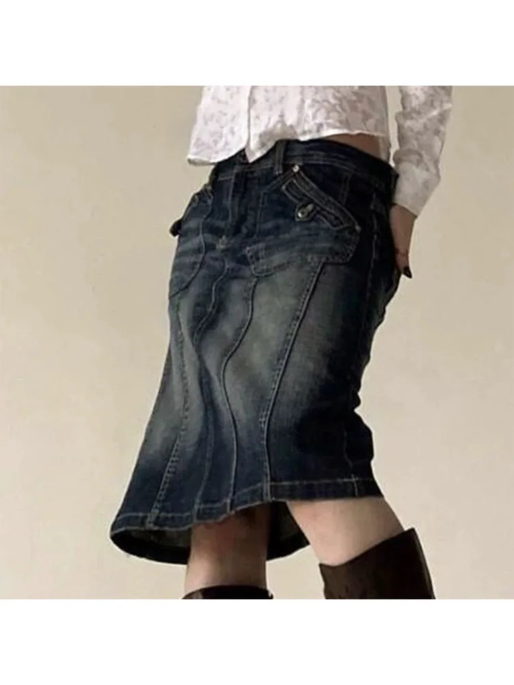 

Woman Denim Midi Casual Skirt High Waist Pleated Wash Skirt Tie-dyed A-line Daily Skirt Vintage Elegant Korean Preppy Style Y2K