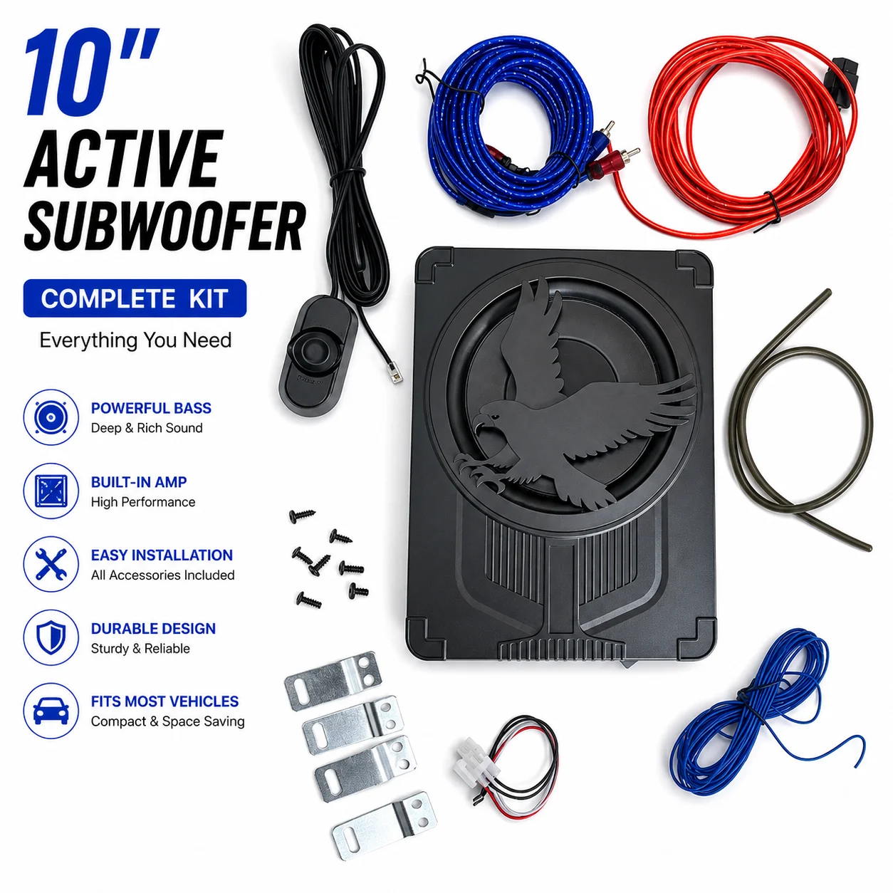 10‑Inch Low‑Profile Under‑Seat Powered Subwoofer, Ultra‑Thin Built‑in Amp Car Bass Speaker, Hidden‑Mount Car Audio Unit for Enha