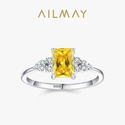 Ailmay 925 Sterling Silver Luxury Sparkling Yellow Zirconia Finger Ring For Women Fashion Wedding Engagement Fine Jewelry Gift