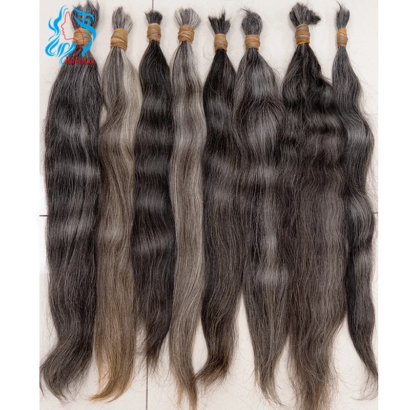 High Quality Straight Gray Hair No Weft Unprocessed Human Hair Extensions Virgin Raw Bulk Hair Weaving For Braiding 12-30 Inches