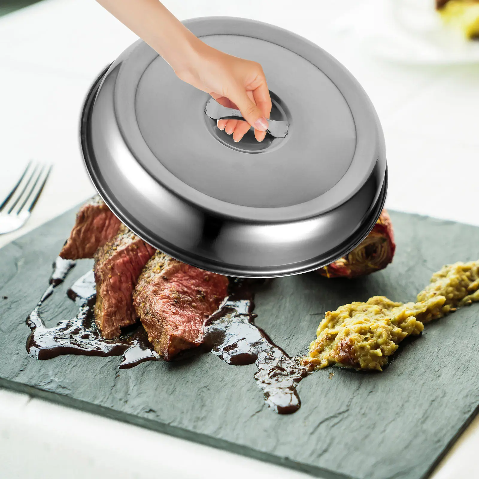 

2Pcs Kitchen Cooking Hood Stainless Steel Food Dome Cover for Griddle Grilling Roasting Retains Heat Design