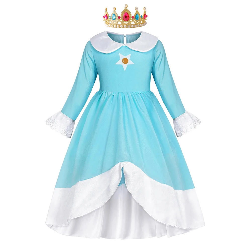 Rosalina Dress Girls Peach Cosplay Birthday Blue Dresses Kids Party Princess Costume Children Clothing