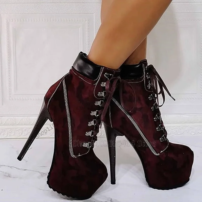 Burgandy Cross Tied Round Toe Platform Ankle Boots Lace Up Women Shoes Thin High Heels Fashion Banquet 2023 Zapatos Para Mujere