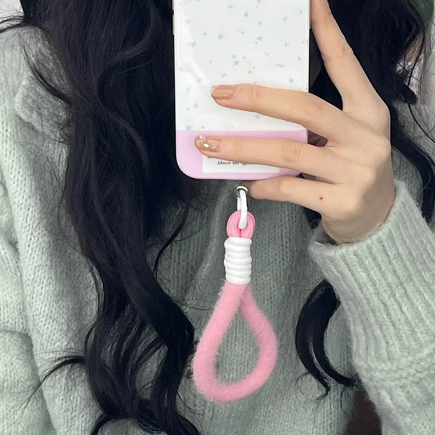 Cute Soft Fluffy Mobile Phone Lanyard Short Wrist Straps Multi-functional Backpack Rope Hanging Cord Clip Color-matching Chain