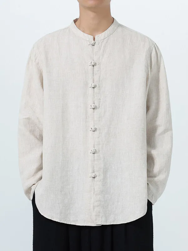 

Мужская рубашка ручной работы с длинным рукавом из 100% чистого льна, весенне-осенняя, высококачественная, из хлопка и льна, новая, в китайском стиле Тан, Ханьфу