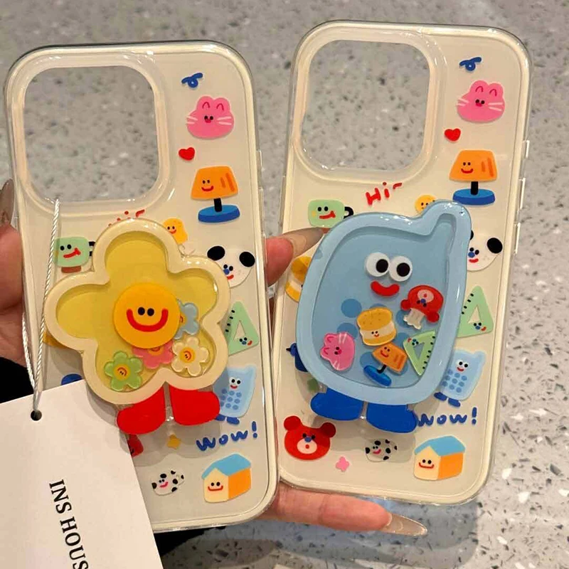 For iPhone 17 Pro Max 16E 16 14 Plus 15 Pro Max 13 Mini 12 11 Cartoon Shakeable Grip Tok Holder White Acrylic Hard Phone Case