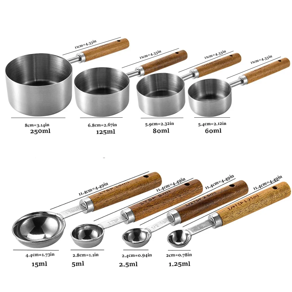 4/8Pcs Silver Wooden Handle Stainless Steel Measuring Cups Spoons Baking Tools Coffee Bartending Scale Kitchen Accessories Set