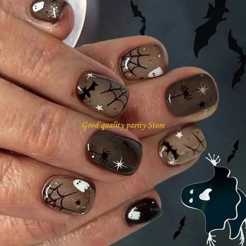 M4YA Halloween Press On Nails 24 unidades unhas falsas brilhantes teia aranha não precisa ferramentas