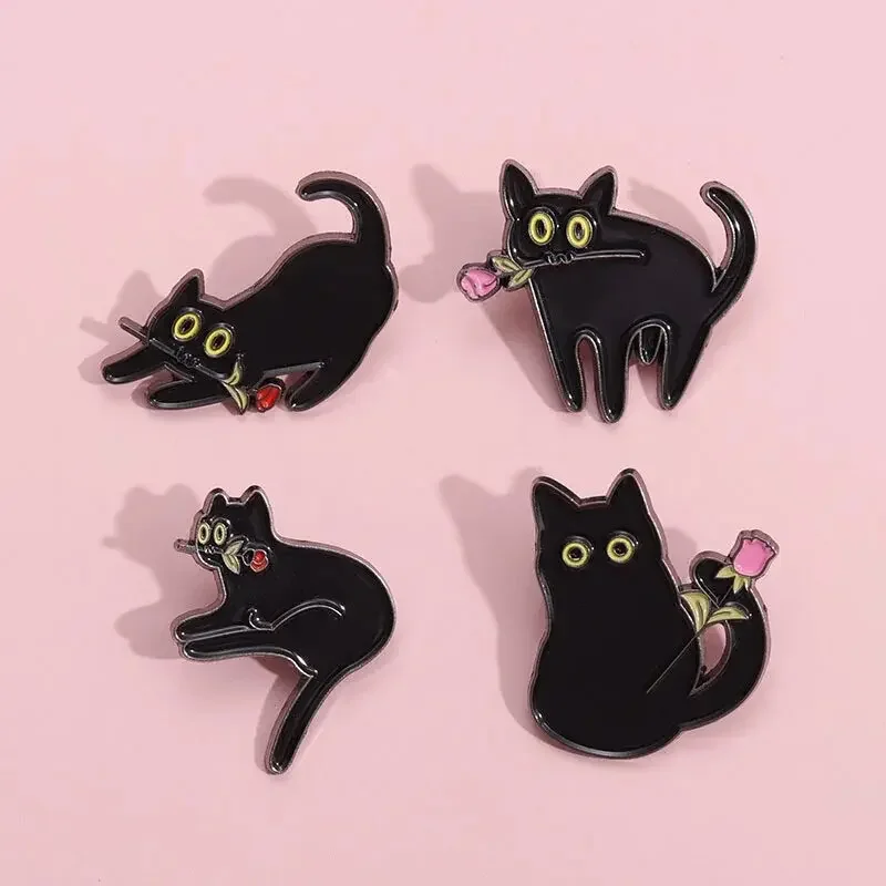 Creative Black Cat Metal Brooch Dagger Rose Cute Black Cat Badge Punk Pin Jewelry