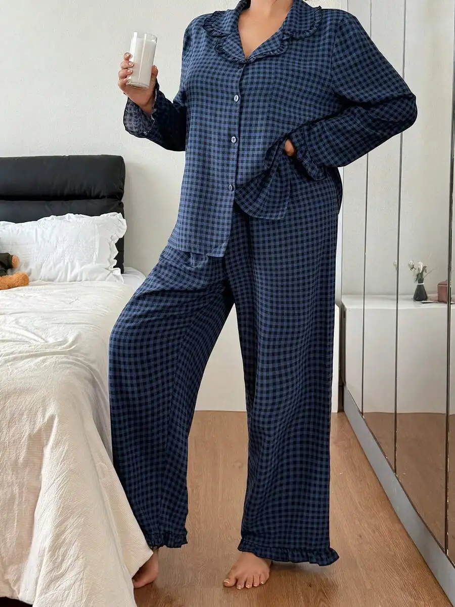 Plus Size Plaid Lapel Pajama Set Women Sleepwear Fall Winter