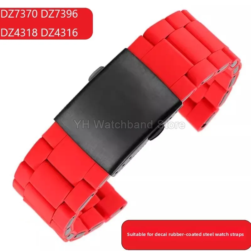 حزام ساعة من الفولاذ المطلي بالسيليكون لحزام الديزل RED MAGIC Dz7370 Dz7396 أحمر أسود 24 26 28 ملحقات مشبك ضغط مزدوج