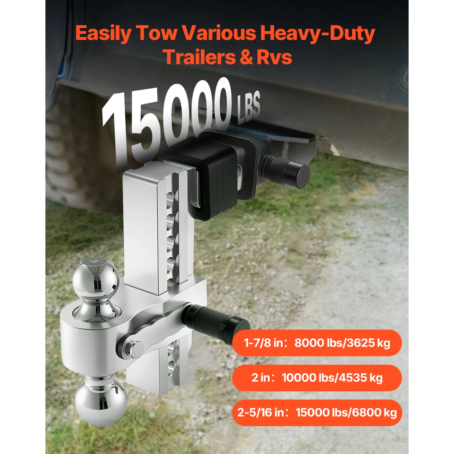 Adjustable Trailer Hitch, 8-Inch Drop Hitch, Tri-Ball Mount for 2-Inch Hitch Receiver, Trailer Ball Size 1-7/8