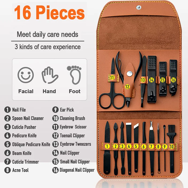 16/26PCS Manicure Set Professional Nail Clipper Kit Full Function Kit Stainless Steel Pedicure Sets Nail Care Tools Kit Pedicure