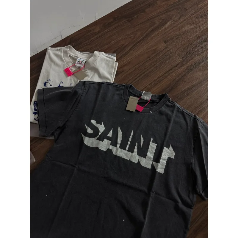 High Street Saint Bold Letter Graphic Tee Vintage Faded Washed Oversized Loose Casual Short Sleeve T Shirt