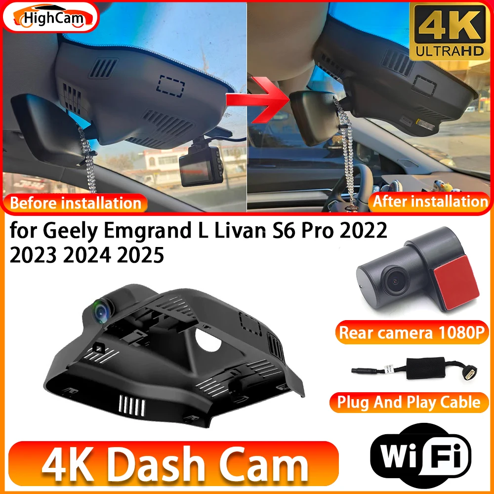 for Geely Emgrand L Livan S6 Pro 2022 2023 2024 2025 OEM 4K DVR Dash Cam Front Rear Camera WiFi Video Recorder Plug and Play