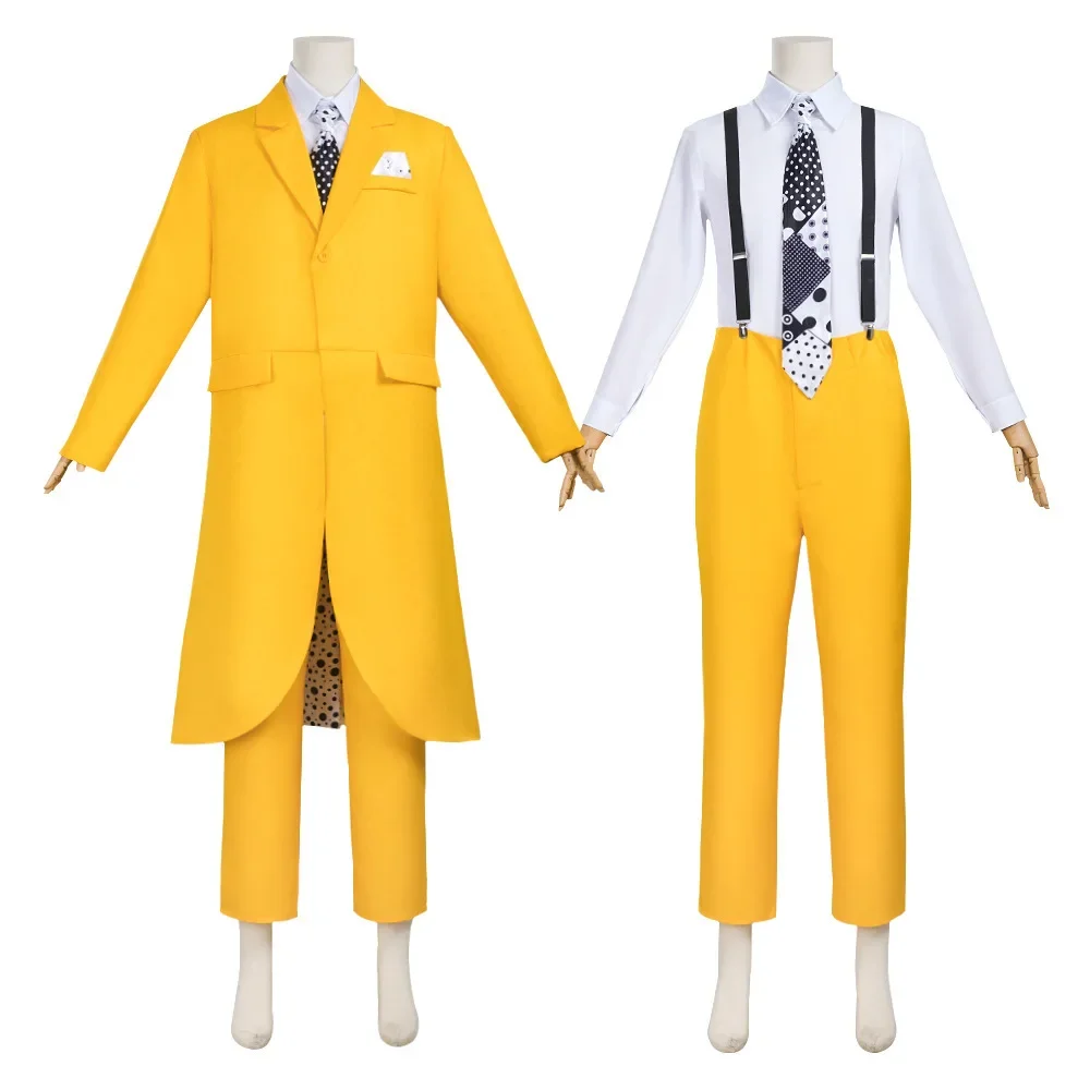 زي تنكري لفيلم القناع جيم كاري زي أصفر للحفلات الكرنفالية قبعة قناع أخضر ملابس دعائم المهرج للهالوين