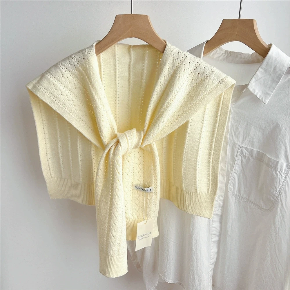 Korean Plain Basic Hollow Out Knitted Warm Shawl Winter Female Blouse Shoulders Fake Collar Cape Knotted Scarf Stripe Outerwear image 6